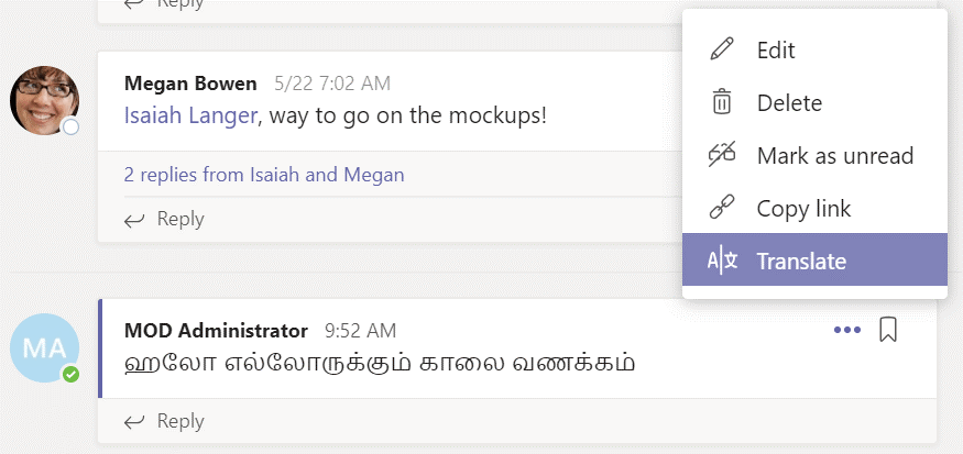 Translation in microsoft teams