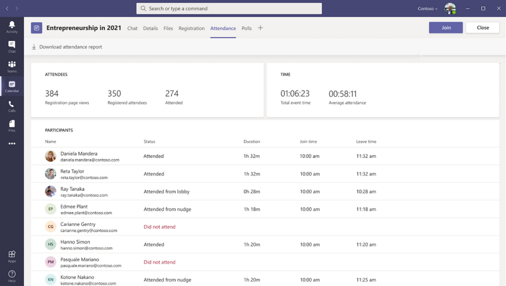 Webinar attendee reporting in Microsoft Teams live events